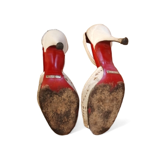 DOLCE & GABBANA Snakeskin Mesh Off-White and Red T-Strap Sandal Heels - Picture 6 of 7